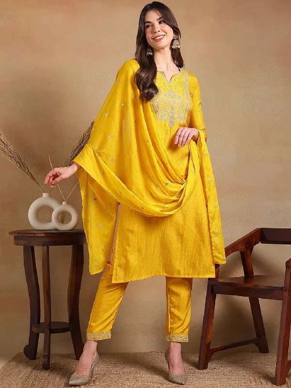 Ahika Women Yellow Silk Blend Embroidered Straight Kurta Pant Set With Dupatta-PKSKD2340_S