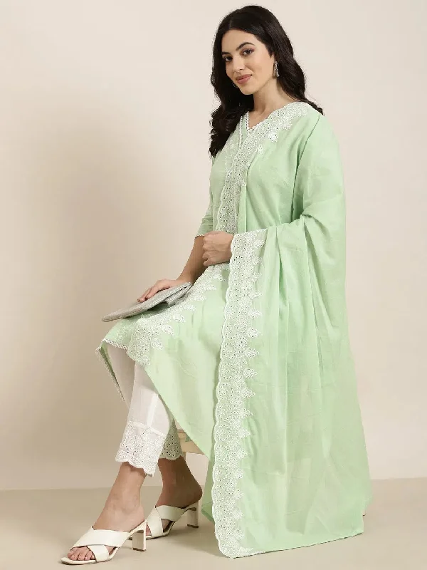 Women Straight Green Floral Kurta and Trousers Set Comes With Dupatta-DK-3052-Green