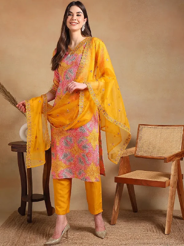 Ahika Women Yellow Viscose Rayon Printed Straight Kurta Pant Set With Dupatta