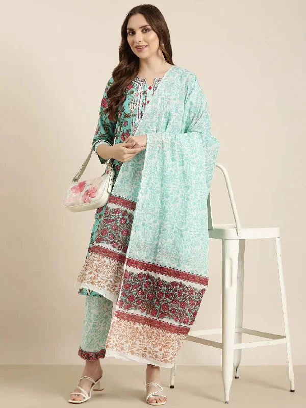 Women Straight Turquoise Blue Floral Kurta and Trousers Set Comes With Dupatta-RJF-030-Turquoiseblue