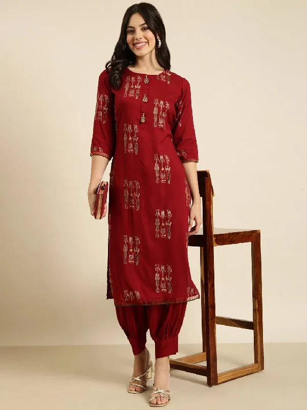 Women Straight Maroon Tribal Kurta and Patiala Set-GW-4674-Maroon