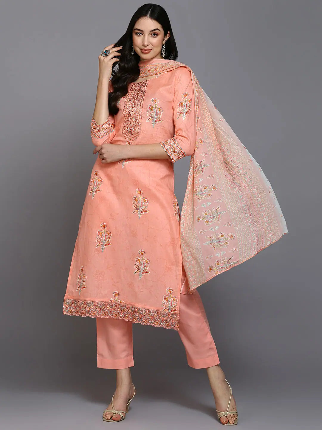 Cotton Blend Peach Printed Straight Kurta Pant-VKSKD1890_XS