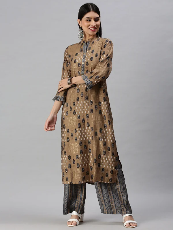 Women Straight Brown Printed Kurta and Palazzos-BC529-Brown