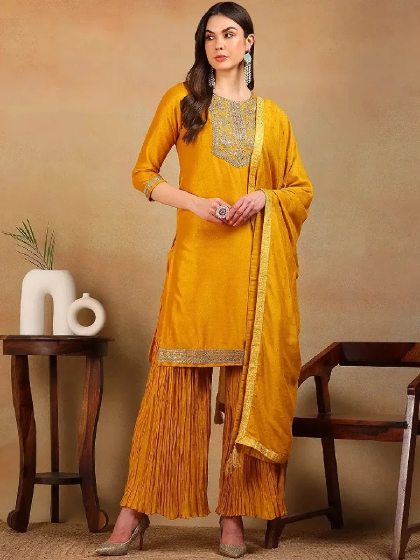 Ahika Women Yellow Silk Blend Embroidered Straight Kurta Palazzo Set