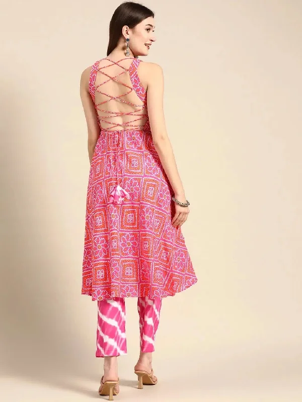 Deep back tie up kurta palazzo in Pink