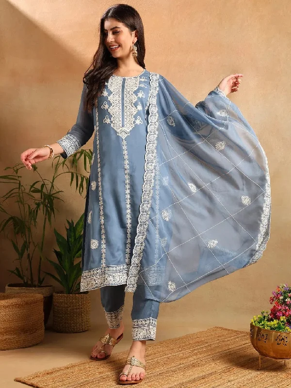 Ahika Women Blue Organza Solid Embroidered Straight Kurta Trousers With Dupatta-PKSKD2645