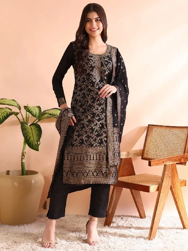 Ahika Women Black Chanderi Cotton Woven Design Straight Kurta Trousers With Dupatta-PKSKD2590