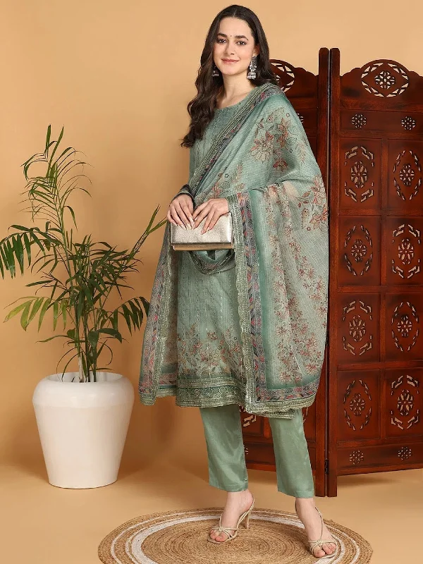 Ahika Women Green Organza Embroidered Straight Kurta Pant Set With Dupatta-PKSKD2084_XS