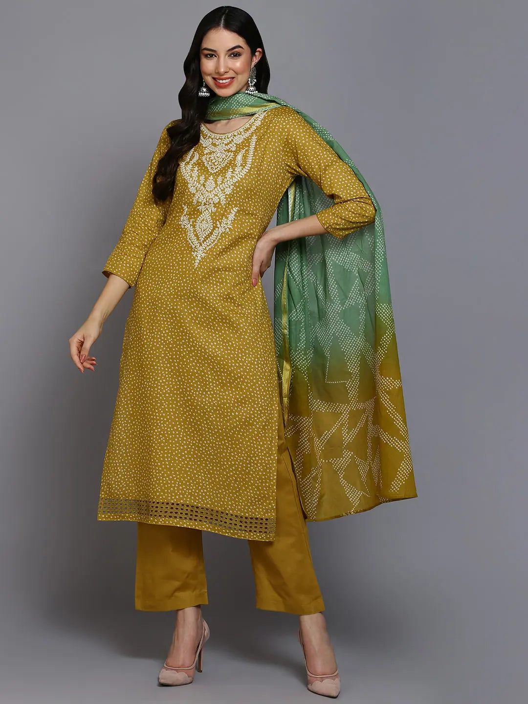 Cotton Yellow Bandhani Printed Straight Kurta Pant-VKSKD1877_XS