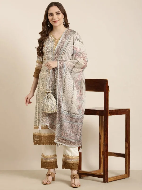 Women Straight Beige Floral Kurta and Trousers Set Comes With Dupatta-GW-4401-Beige