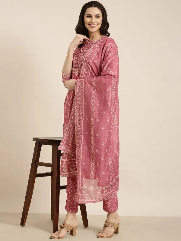 Women Straight Pink Ethnic Motifs Kurta and Trousers Set Comes With Dupatta-TF-DG-246-Pink