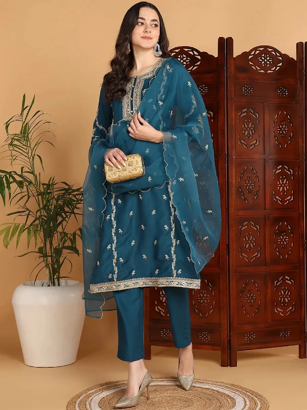 Ahika Women Teal Silk Blend Embroidered Straight Kurta Pant Set With Dupatta-PKSKD2198_S