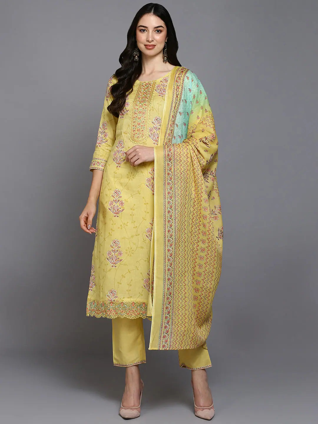 Cotton Blend Yellow Printed Straight Kurta Pant-VKSKD1892_XS