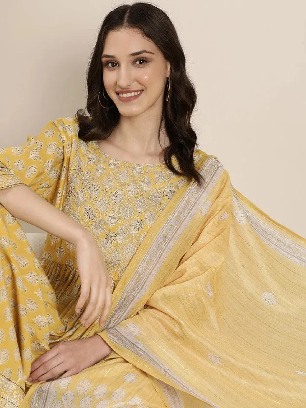 Women Mustard Floral Kurta Set-GW-3684-Mustard