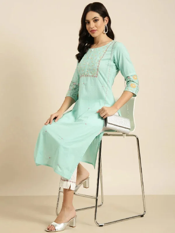 Women Straight Sea Green Solid Kurta and Trousers Set-AT-A1236-KP-Seagreen