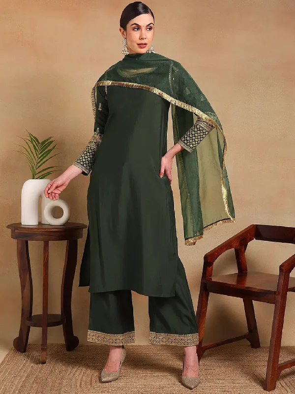 Ahika Women Olive Silk Blend Embroidered Straight Kurta Pant Set With Dupatta-PKSKD2228_S