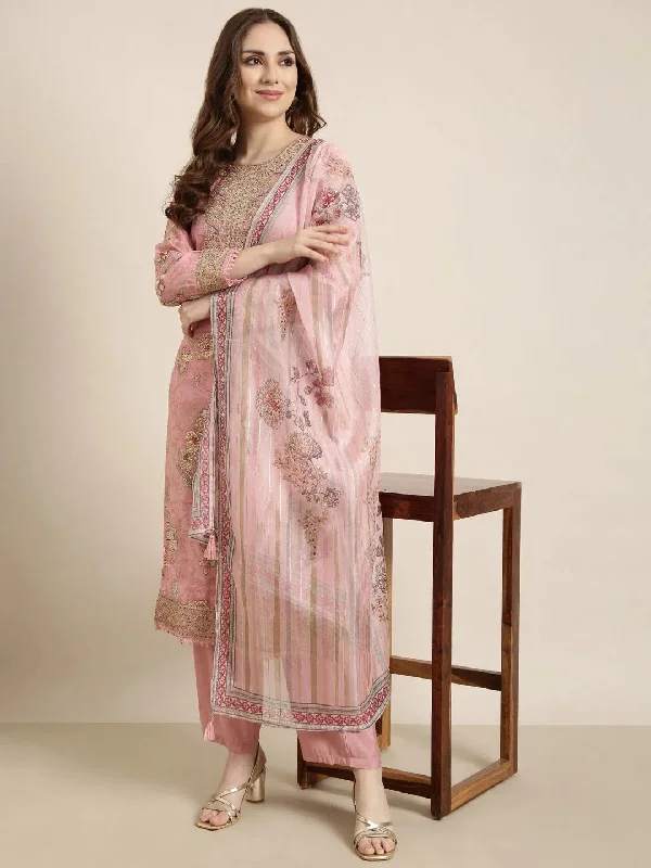 Women Straight Pink Floral Kurta and Trousers Set Comes With Dupatta-GW-4651-Pink