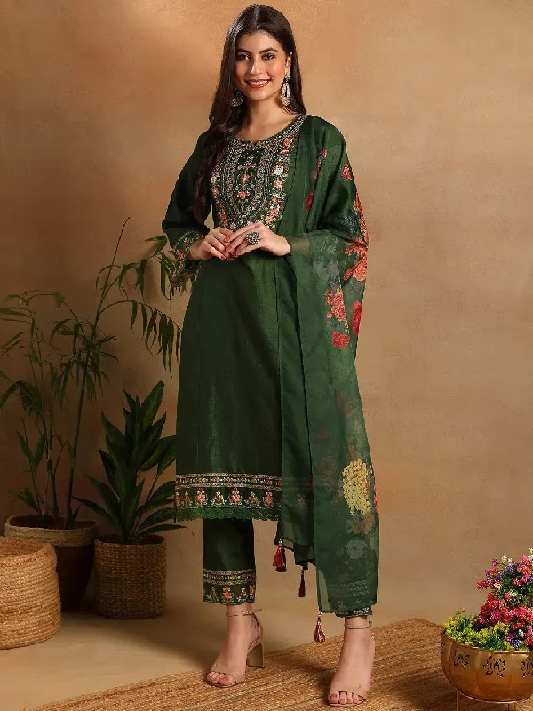 Ahika Women Green Silk Blend Solid Embroidered Straight Kurta Trousers With Dupatta-PKSKD2473