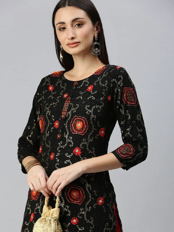 Women Straight Black Embroidered Kurta and Palazzos-CRL1946-Black-Maroon