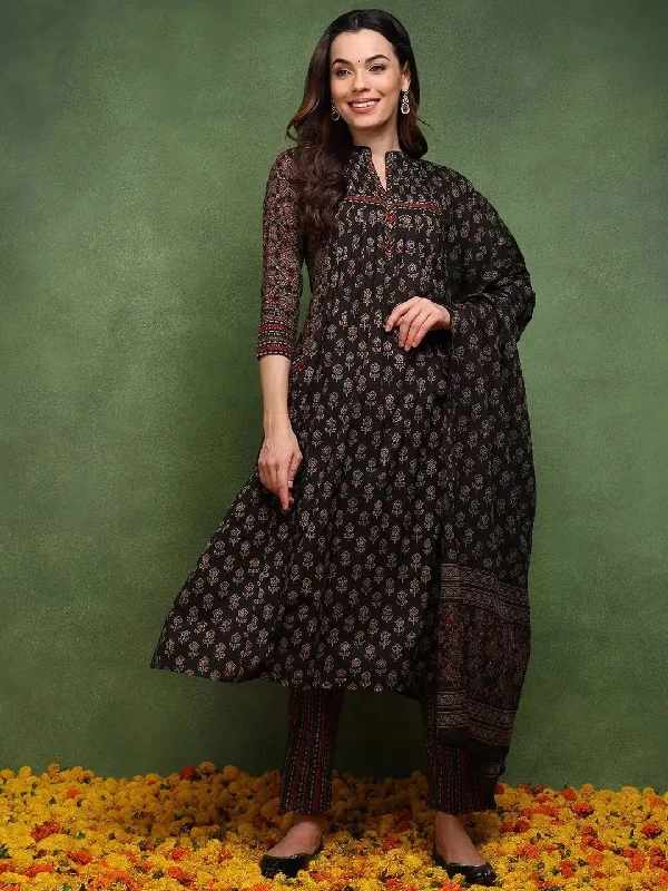 Ahika Women Brown Pure Cotton Ethnic Motifs Printed A-Line Kurta Trouser With Dupatta