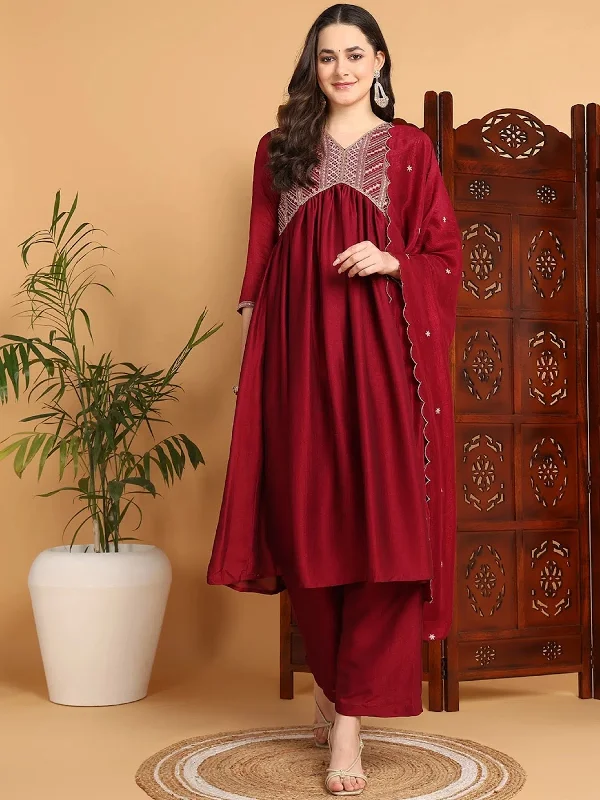 Ahika Women Maroon Silk Blend Embroidered A-Line Kurta Pant Set With Dupatta