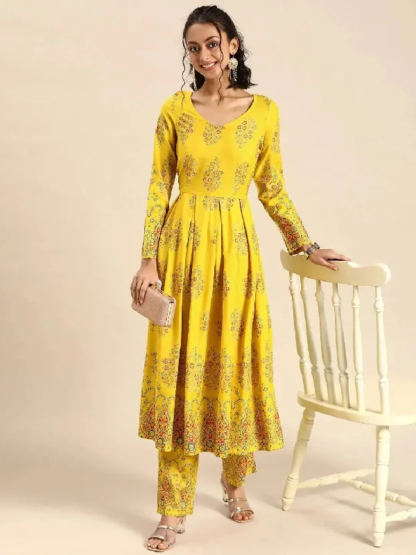 Box Pleated flare kurta with palazzo in Yellow