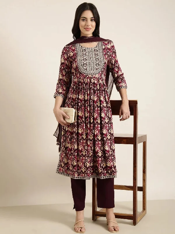 Women A-Line Burgundy Ethnic Motifs Kurta and Trousers Set Comes With Dupatta-RJF-053-Burgundy