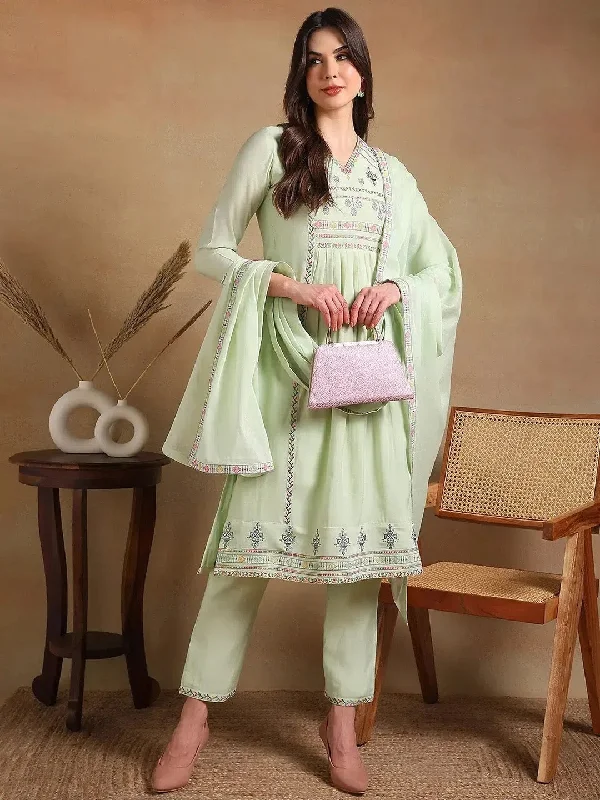 Ahika Women Green Rayon Embroidered A-Line Kurta Pant Set