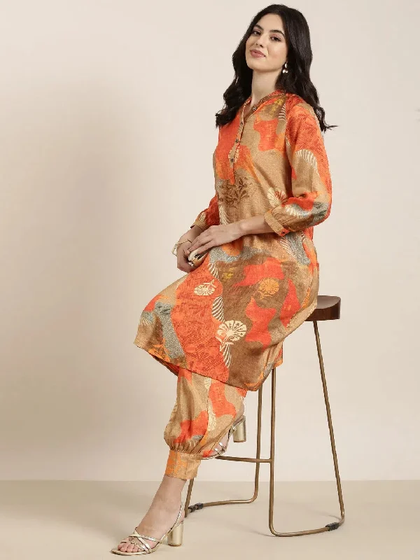 Women A-Line Orange Floral Kurta and Patiala Set-DW-5361-Orange