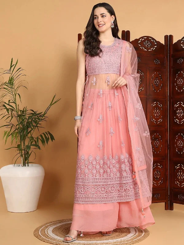 Ahika Women Pink Net Embroidered Straight Kurta Sharara Set With Dupatta