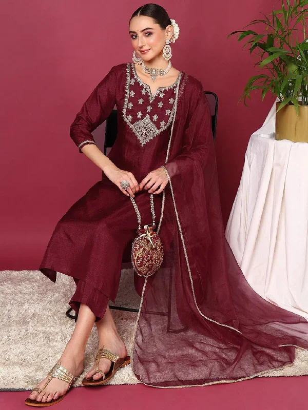 Ahika Women Burgundy Silk Blend Solid Yoke Design Straight Kurta Trouser With Dupatta