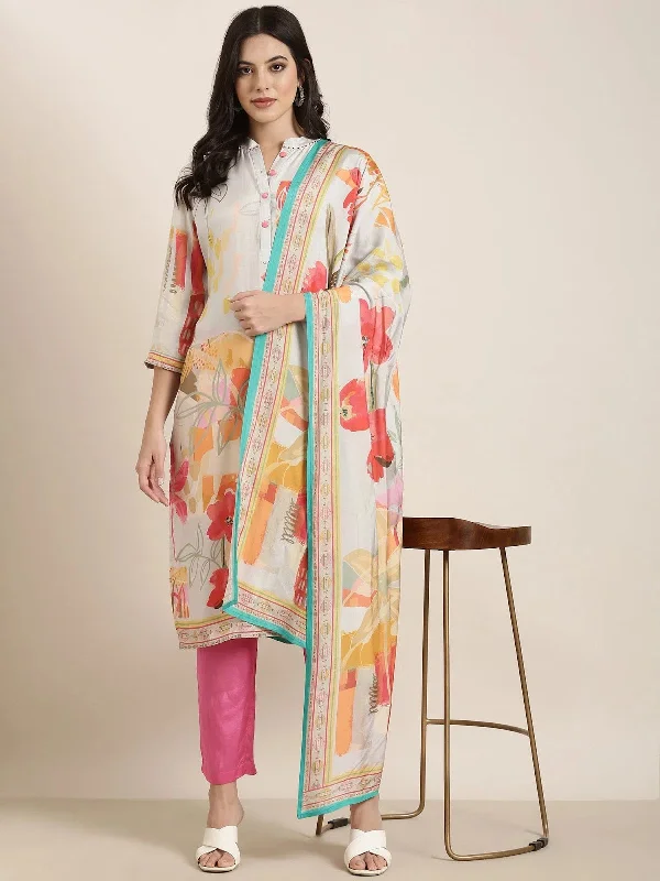 Women Straight Grey Floral Kurta and Trousers Set Comes With Dupatta-DW-4697-Grey