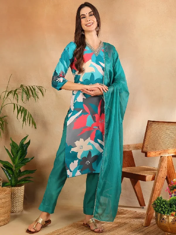 Ahika Women Teal Silk Blend Floral Printed Straight Kurta Trouser With Dupatta-PKSKD2643