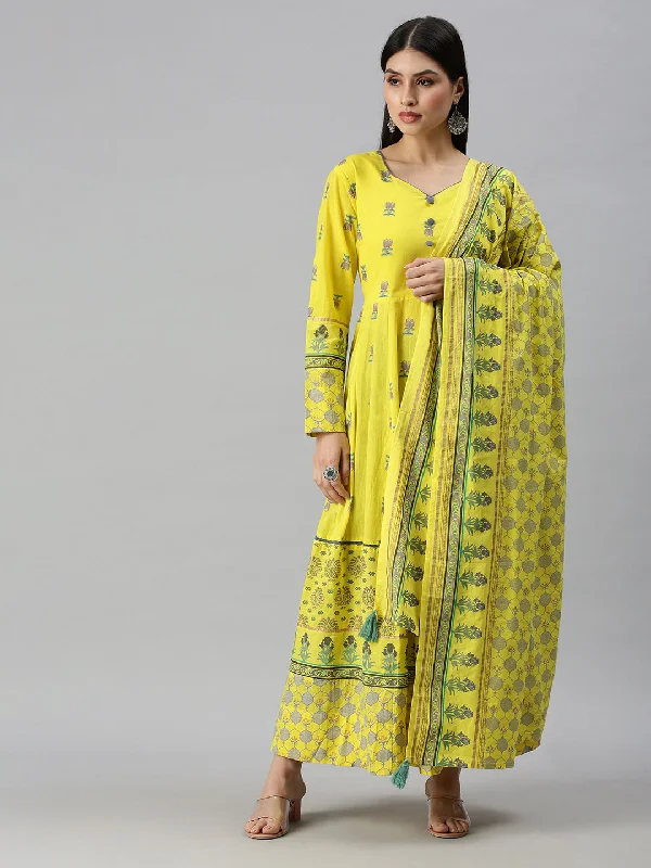 Women V-Neck Floral Yellow Anarkali Kurta and Trouser-BSM1018-Yellow