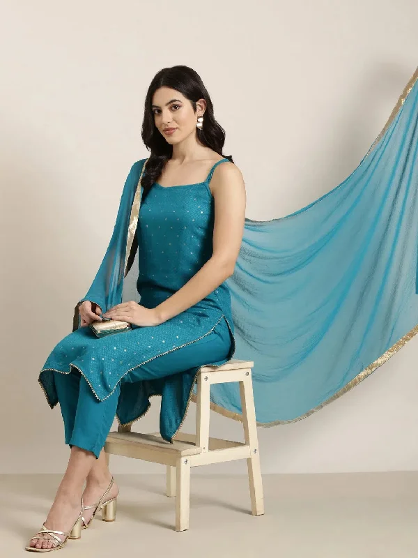 Women Straight Blue Woven Design Kurta and Trousers Set Comes With Dupatta-DK-3373-Blue