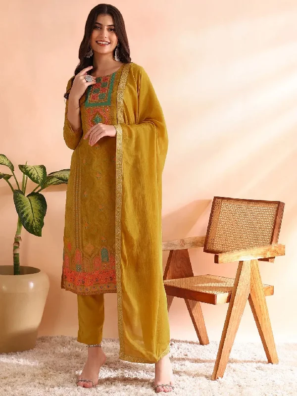 Ahika Women Mustard Silk Blend Abstract Woven Design Straight Kurta Trousers With Dupatta-PKSKD2583