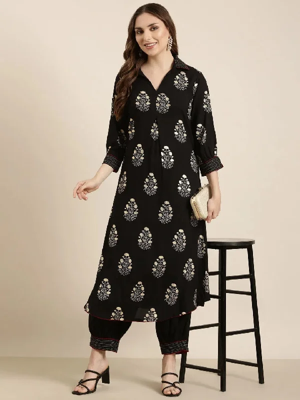 Women Straight Black Floral Kurta and Patiala Set-GW-4512-Black