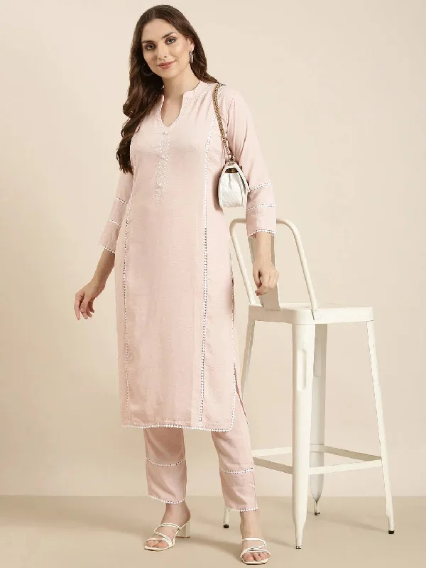 Women Straight Peach Solid Kurta and Trousers Set-SKC-1278-Peach