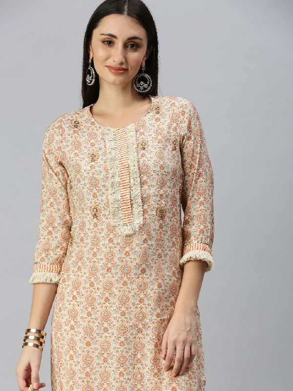 Women Straight Cream Printed Kurta and Trousers-CRL2280-Cream