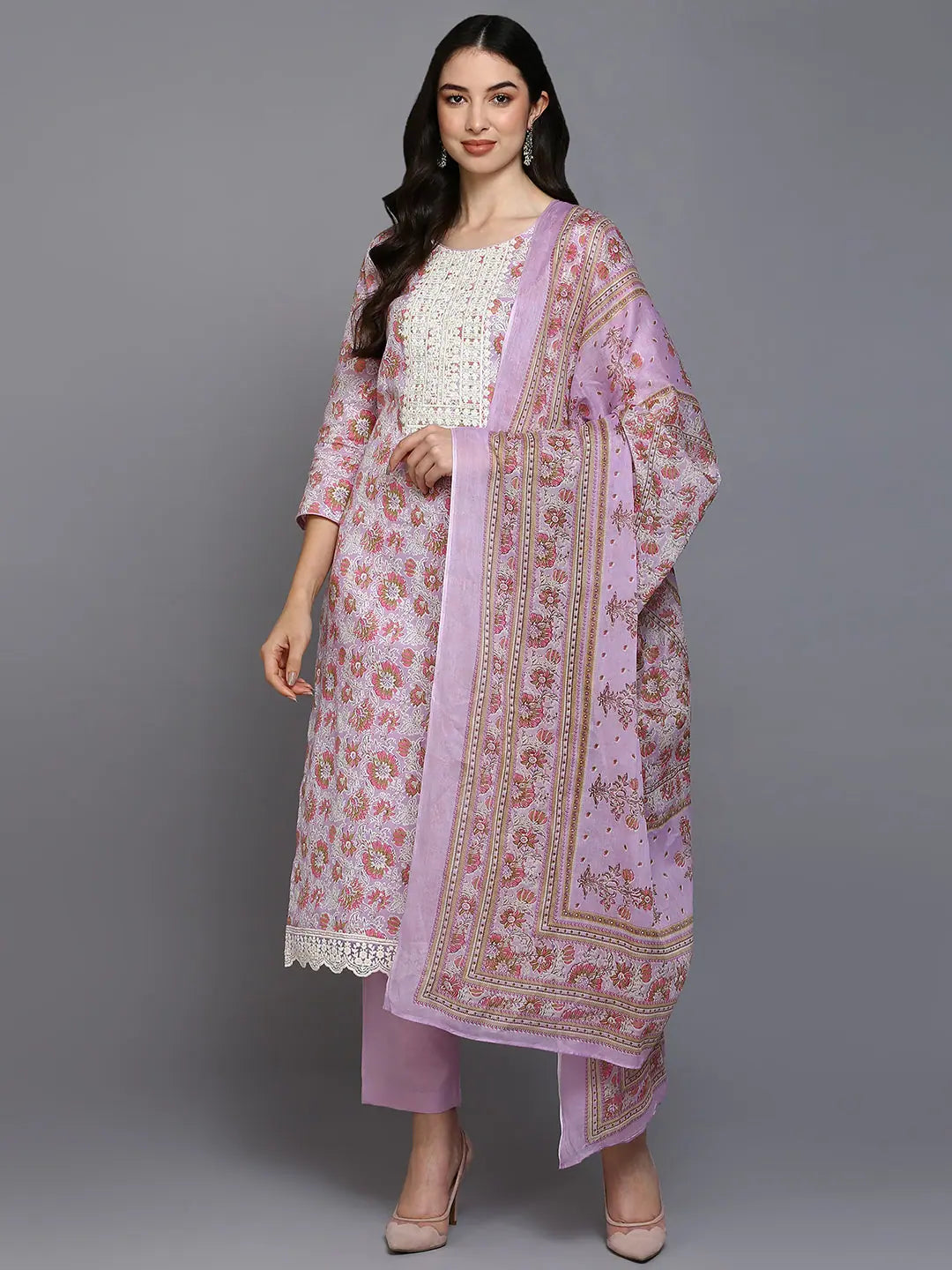 Cotton Blend Lavender Printed Straight Kurta Pant-VKSKD1905_XS