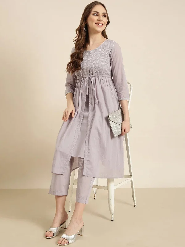 Women A-Line Grey Solid Kurta and Trousers Set-ON-728-Grey