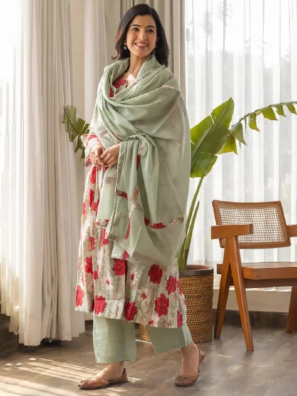 Ahika Women Sea Green Viscose Rayon Floral Printed A-Line Kurta Palazzo With Dupatta-VKSKD2223GRY