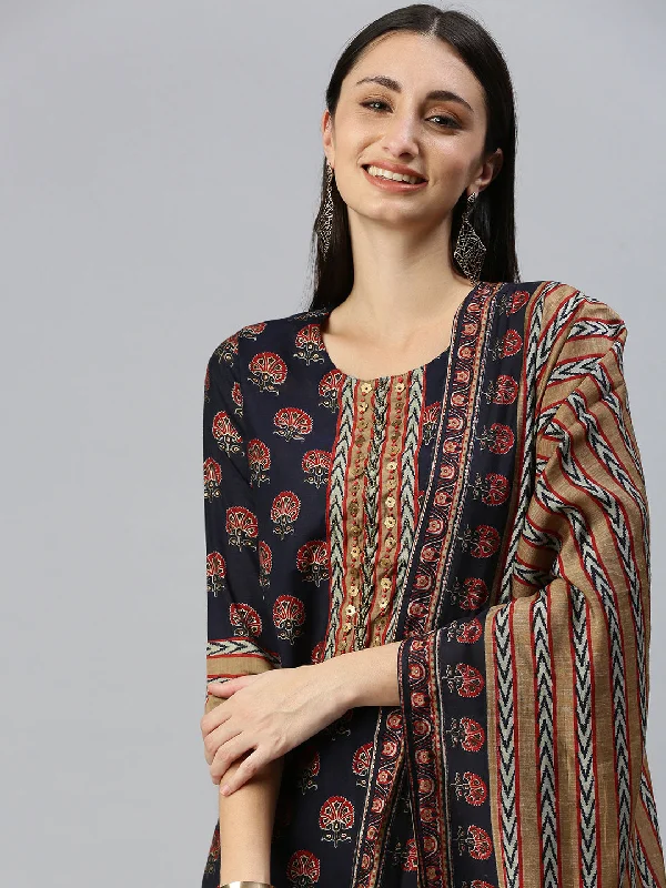 Women Straight Navy Blue Printed Kurta and Palazzos Comes with Dupatta-CRL2199-Navyblue