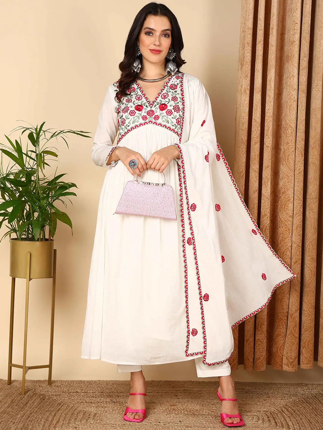 Ahika Women White Pure Cotton Solid Embroidered Anarkali Kurta Trouser With Dupatta