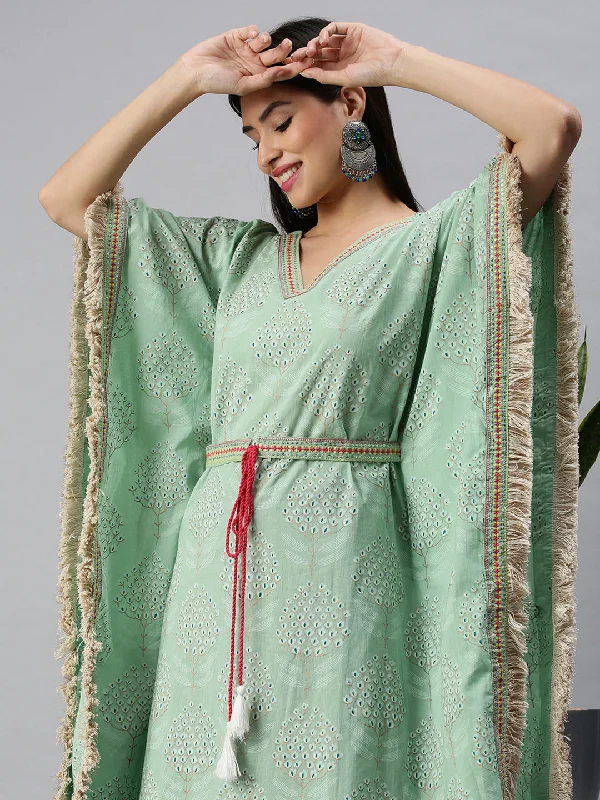 Women Kaftan Green Printed Kurta and Trousers-GW2297-Green