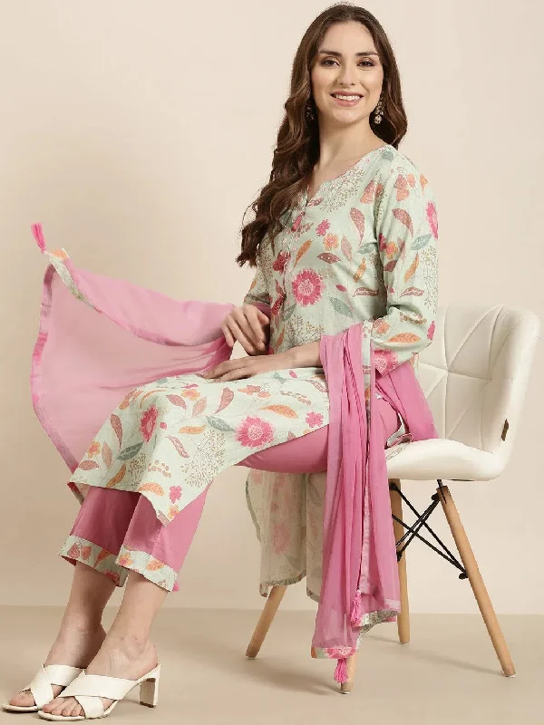 Women Straight Sea Green Floral Kurta and Trousers Set Comes With Dupatta-UB-006-Seagreen