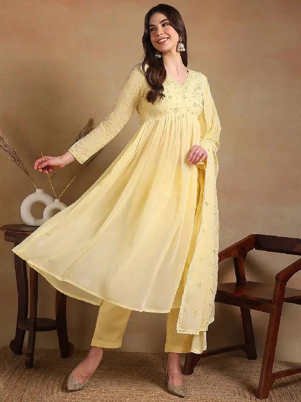 Ahika Women Yellow Poly Georgette Embroidered A-Line Kurta Pant Set With Dupatta