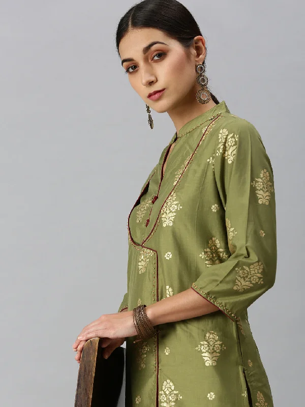 Women A-Line Olive Printed Kurta and Skirt-DW8910-Olive