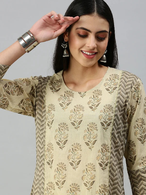 Women Straight Beige Printed Kurta and Trousers-BSM384-Beigegrey