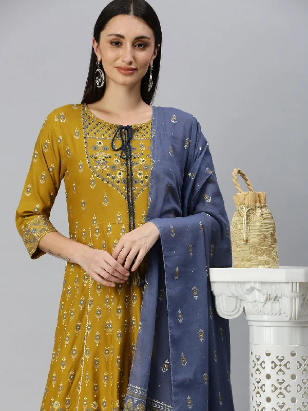 Women Anarkali Mustard Printed Kurta and Trousers Comes with Dupatta-BC1242-Mustard-Blue